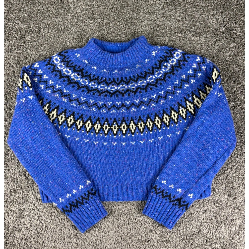 J.Crew Blue Fair Isle Merino Wool Alpaca Blend Mock Neck Sweater Womens Medium